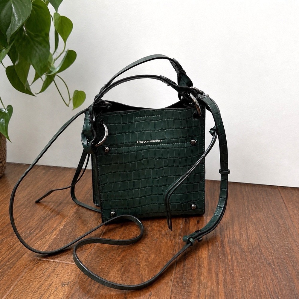 Rebecca Minkoff Leather Croc Micro Mini Crossbody Purse Top Handles Green Detach